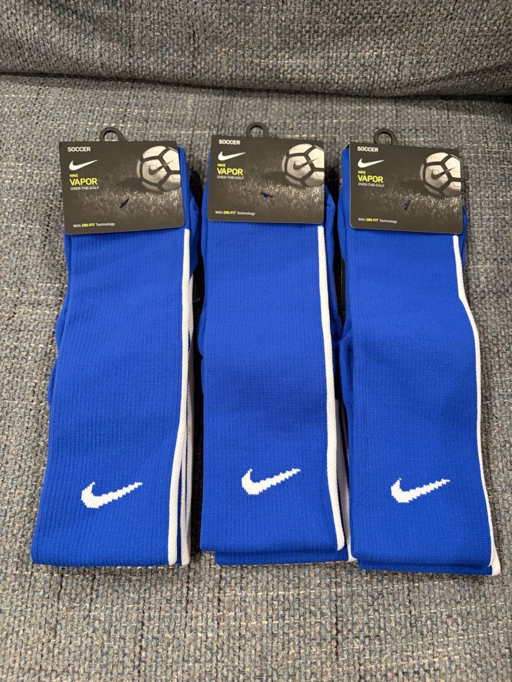 3 pair-Nike Vapor Men’s Royal Blue Soccer Socks with White Swoosh